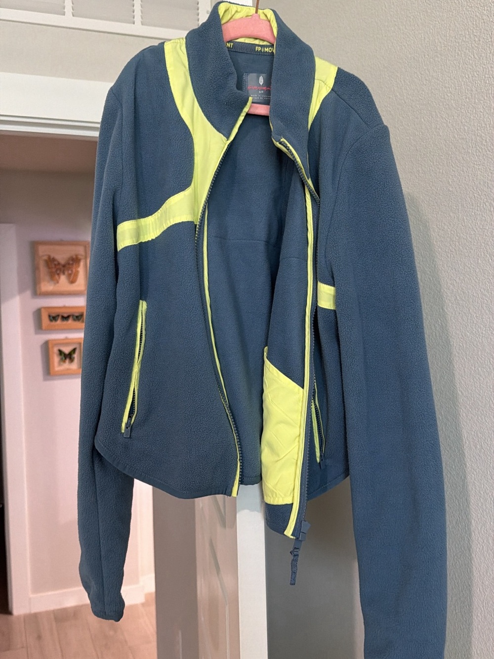 FP Movement by Free People Blue Fleece Bomber Jacket with Yellow Accents